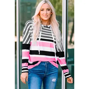 Multi Stripe Hoodie - Preppy Casual Pullover for Women, 95% Polyester 5% Elastane, Classic Striped Design, Perfect for Work School Outdoor Exercise