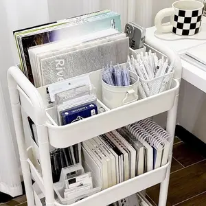 Minimalist White Multi-Layer Rotatable Mobile Storage Cart with Wheels, Baskets, Additional Armrests - Collapsible Space-Saving Floor-Standing Home Organizer for Bedroom, Living Room Home Supplies, Minimalist White With Additional Armrests