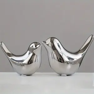 Two modern-style bird-shaped ceramic vases - slender silver surface, suitable for home decoration, living room, bedroom, office desk or cabinet, desktop ornaments, decorative desktop decoration |   Modern ceramic vases |   Smooth surface treatment, cerami