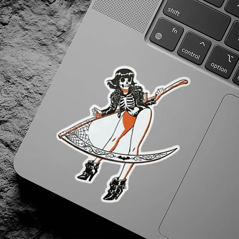 Rockabilly Skull Girl Halloween Vinyl Sticker, Punk Leather Jacket Reaper Decal, Waterproof Die Cut for Motorcycle Laptop Notebook Decor