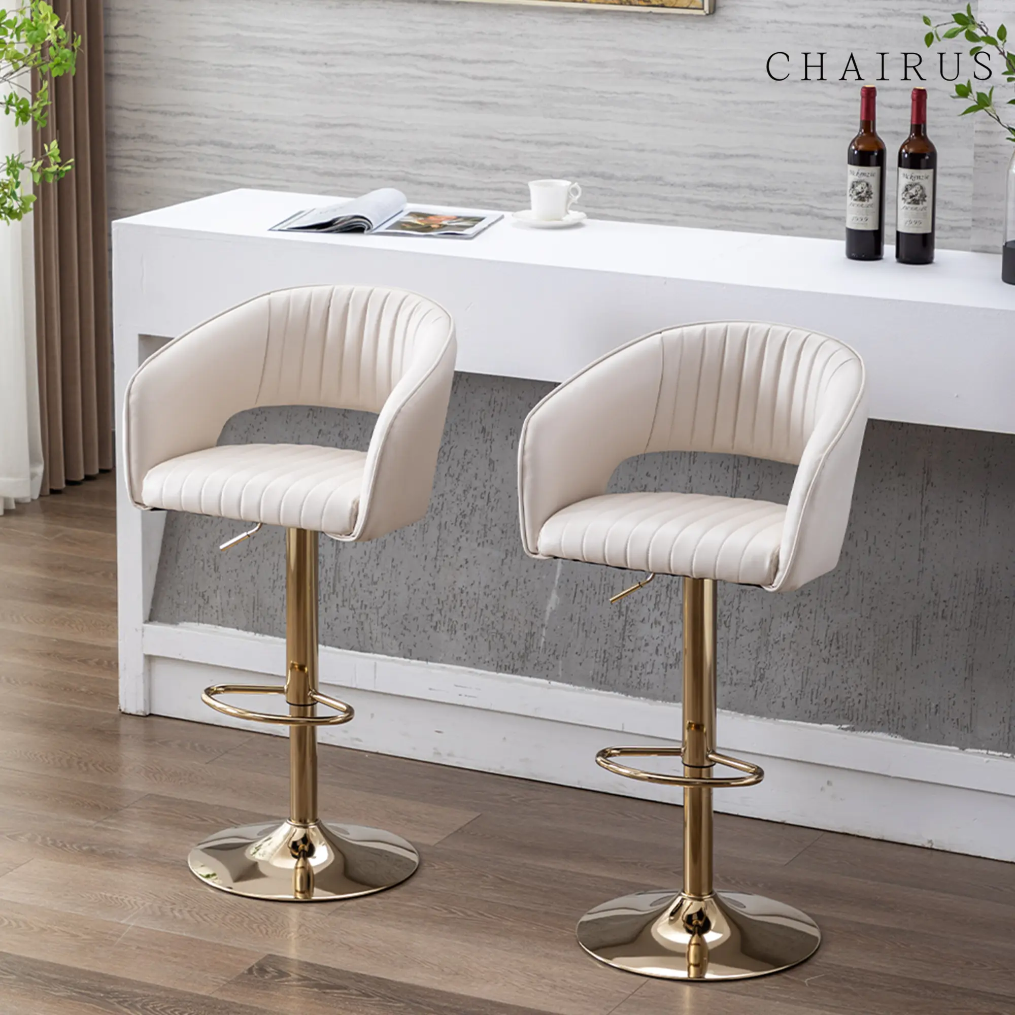CHAIRUS Modern Swivel Faux Leather Waterproof Barstools (Set of 2) - Adjustable Upholstered Counter Chairs with Back, Gold Footrest for Home Kitchen, Pub Island, Cafe Decor,dorm essentials,home decor