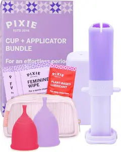Pixie 2 Menstrual Cups and Applicator Bundle for Feminine Care - 100% Medical-Grade Silicone - Softest Reusable Period Cup - Inserts Like a Tampon - Capacity of 4 and 6 Tampons