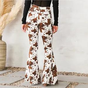 MAOMOUS women's new spring and summer jeans cow pattern white bottom print brown high waist flared pants