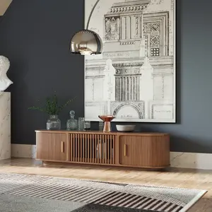70.87" Mid-Century Modern Tambour Door TV Stand, Walnut Color on the Ground TV Console, Ash Rolling Door Media Console