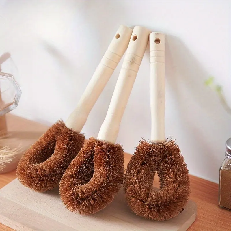 3pcs Long Handle Coconut Palm Brush for Kitchen, Dishes, and Hair Cleaning - Natural Bristles for Gentle Scrubbing and Deep Cleaning
