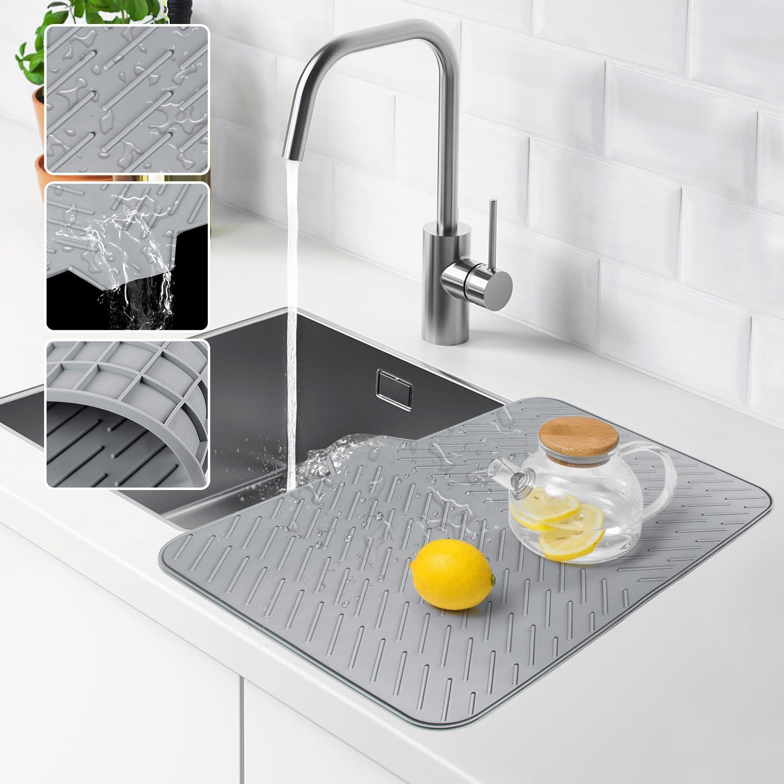 Rectangular Silicone Dish Drying Mat - 23x17in, Multi-Size, Self-Draining, Built-In Drain Lip, Heat-Resistant, BPA-Free, Durable, Waterproof, Non-Slip Kitchen Placemat That Efficiently Dries Dishes, Enhances Kitchen Functionality for Counters & Tableware