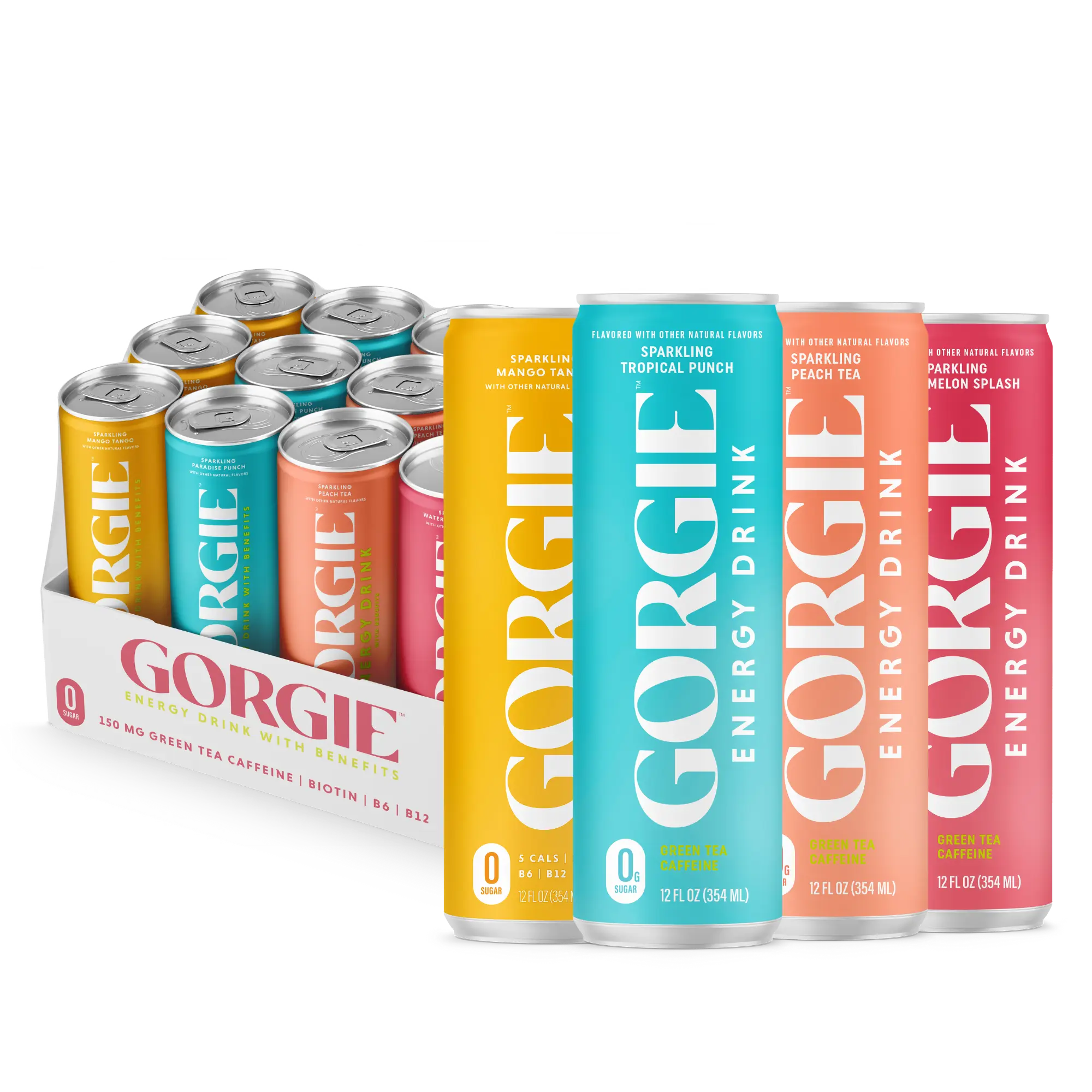 GORGIE Bestsellers Variety, Sugar-Free Natural Energy Drink Sparkling, Healthy Energy Drinks - Green Tea, Biotin, B Vitamins -150mg Caffeine, Vegan, & Low Calorie (Pack of 12) Natural Beverage