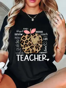 100% Cotton Unisex Teacher Life Leopard Apple Teacher's Day Back To School T-Shirt