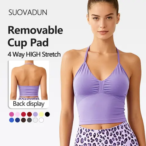 SUOVADUN Women's Halter V-Neck Seamless Backless Yoga Tank Top with Built-In Bra, Dry Fit Wicking Gym Clothes, 4/6(S)-6/8(M) Plus Size Slim Fit Crop Top for Yoga, Gym