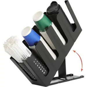 Paper Cup and Lid Holder with Straw Organizer,4 Compartment Adjusting,Coffee Cup Dispenser for Countertop,Coffees Station,Bar Restaurant,Black