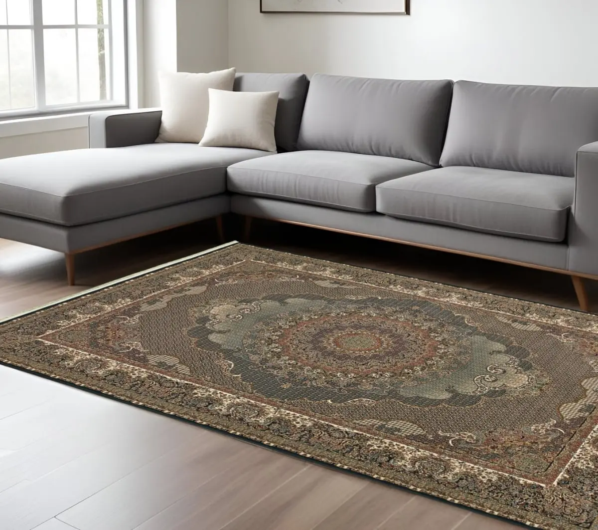 360 Stand 10x13 ft. Medallion Traditional Fringed Rectangle Area Rug, Blue & Red, Powerloomed Stain-Proof, Living Room Decor, Indoor Use, Machine-Made