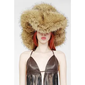Oversized Faux Fur Cowboy Hat in Beige