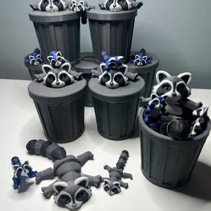 3D printed trash panda with 2 baby figurines in the trashcan Decor 3d printed raccoon