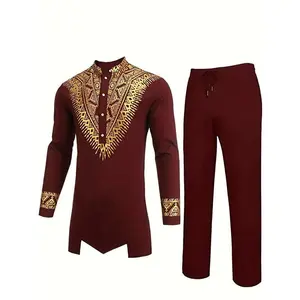 Men's African 2 Piece Set Metallic Traditional Suit Floral Printed Mens African Shirt and Pants Outfit