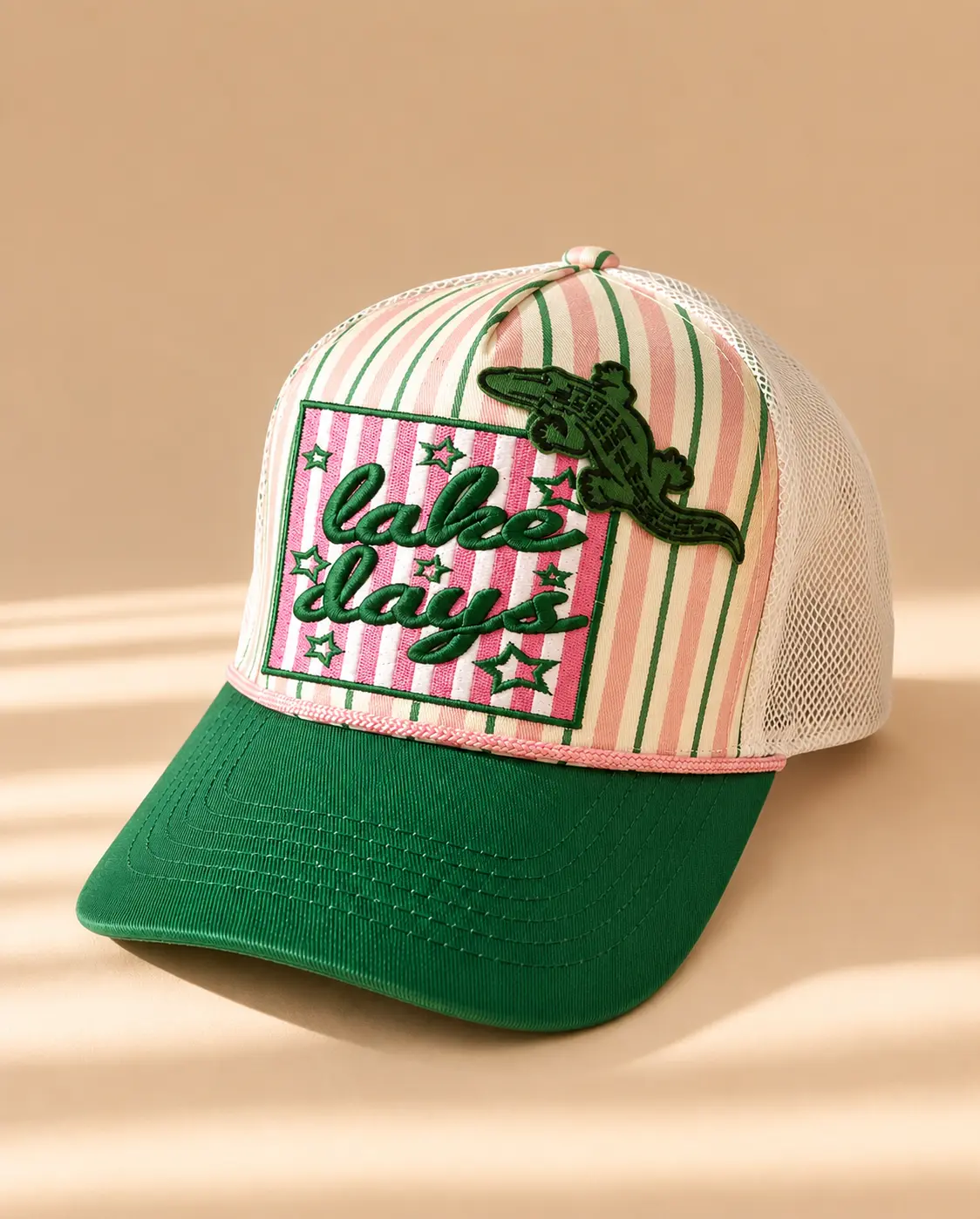 Pinstripe Trucker Hat for Women, 'Lake Days' Alligator Embroidery, Adjustable Cotton Mesh Snapback, Casual Statement Cap, Casual Hat, Embroidery Trucker Hat