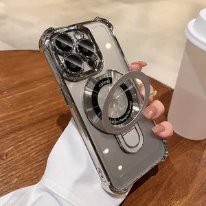 For iPhone 16 15 Pro Max Bracket Magnetic Case Luxury Protective Transparent Plating Magnetic Cover Casing For iPhone 11 12 13 14 Pro Max Plus Accessories