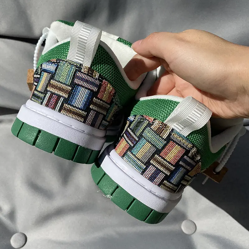 Chunky Bread Sneakers for Men & Women, Green Patchwork Canvas Skate Shoes with Thick Rope Laces, Extended Sizes 36-50, Sneaker, Shoe, Walking Shoes, Closed