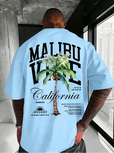 Men's Malibu Vibe California Palm Tree Graphic T-Shirt, Oversized Summer Surf Themed Short Sleeve Tee, Casual Streetwear Daily Top #MensFashion #Streetwear #CaliforniaStyle #SummerTee #TikTokMadeMeBuyIt