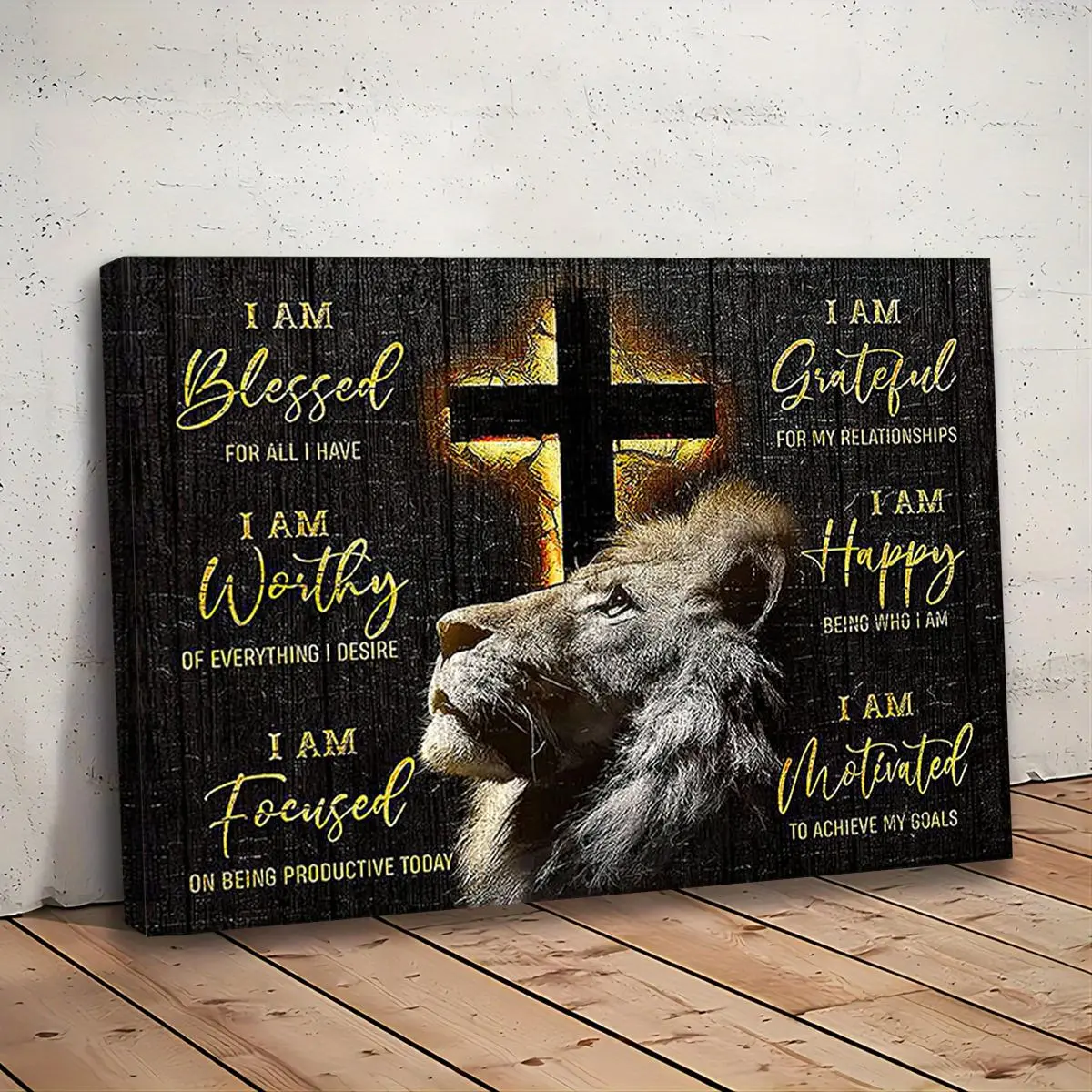 Lion & Cross Pattern Canvas Painting with Frame, 1 Count Inspirational Quote Print, Wall Art Decor, Spiritual Wall Decor for Home Living Room Bedroom, Christ Cross Print, Religious, Stylish Religious Decor, Wooden Cross Decorations