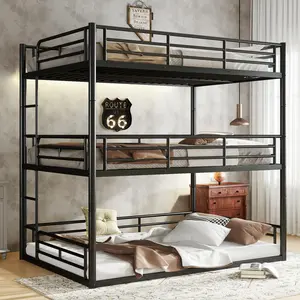 Full over Full over Full Bunk Bed, Metal Triple Bunk Bed with Safety Guardrails, Heavy-duty Bunk Bed with Noise-reduced Design, Black