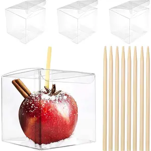 20 Pack 4''x 4'' x 4'' Clear Candy  Boxes with Hole and Sticks Set  Grade Plastic Clear Caramel  Containers  Covered Apples Packaging Party Favor  Goxes