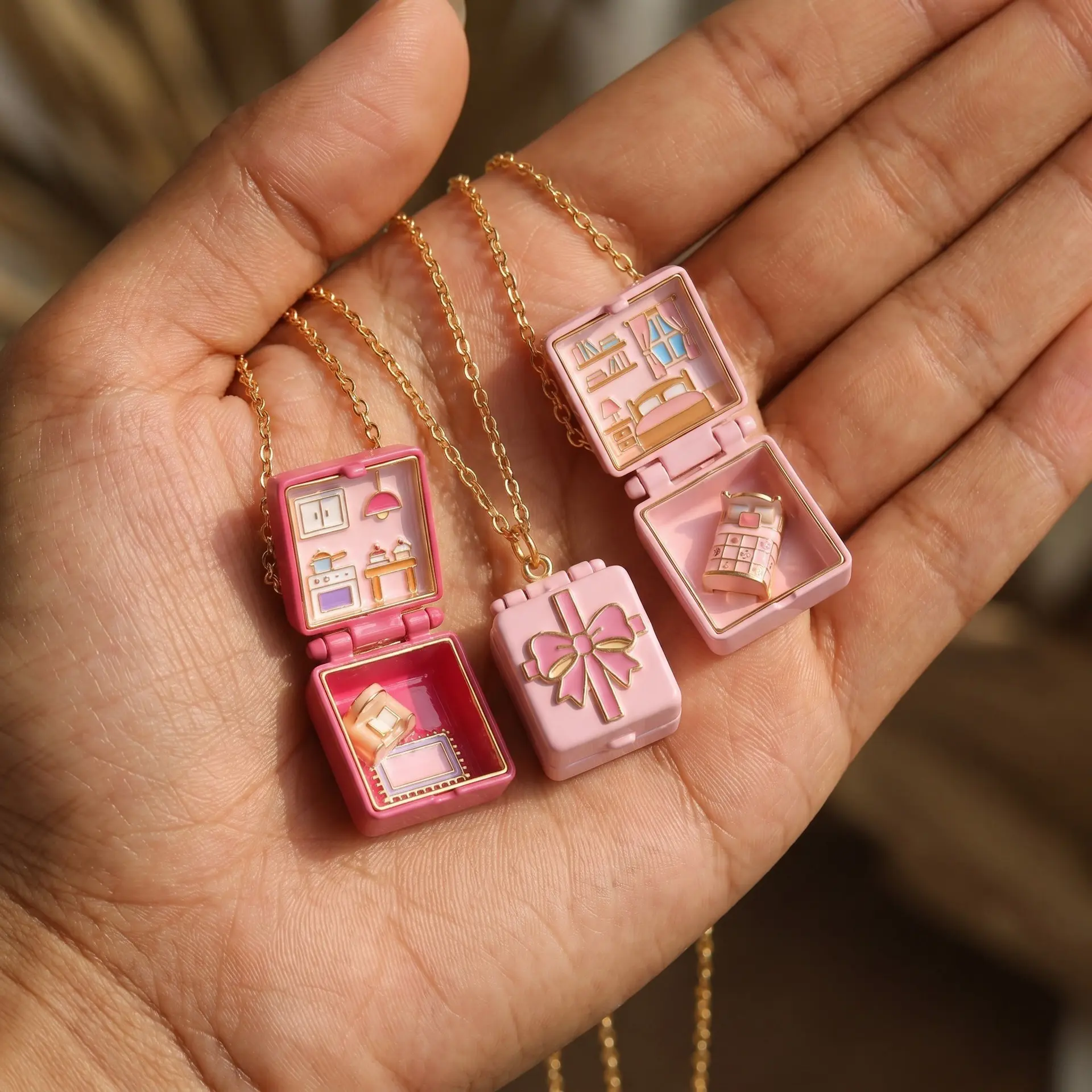 Mini Dollhouse Locket Necklace, Cute 3D Tiny Room Enamel Box Pendant Gold Chain Jewelry for Women