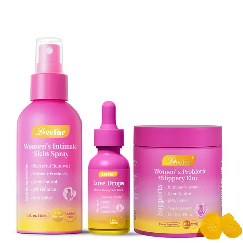Leefar Her Trio - Her Fresh Intimate Skin Spray + Her Juicy Women’s Probiotics+Her Love Drops Bundle