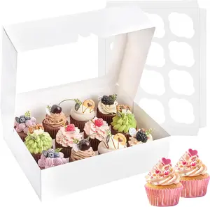 12 Count Cupcake Boxes, 6 Pack White Cupcake Containers with Windows and Inserts, Disposable Cupcake Carriers for Muffins, , Pastries, 13 x 10 x 4 Inches