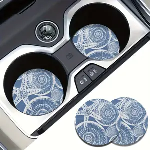 2pcs Absorbent Starfish & Seashell Design Rubber Car Coasters - Premium Cup Holder Mats for Vehicles, Home & Kitchen with Non-Slip Bottom and Easy Cleaning