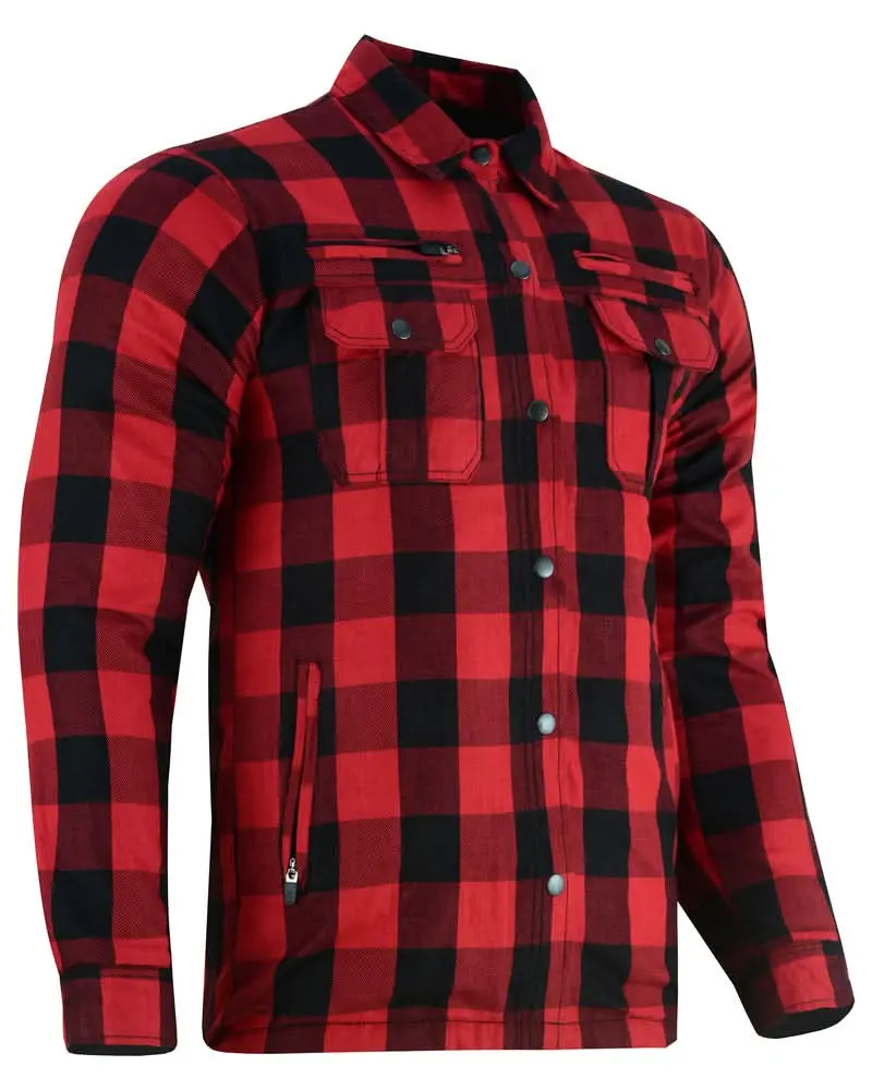 Alpha Check™ Men's Checked Plaid Flannel Shirt - Red and Black Shaded, Menswear Tops Garment with Pocket, Zipper, Cotton