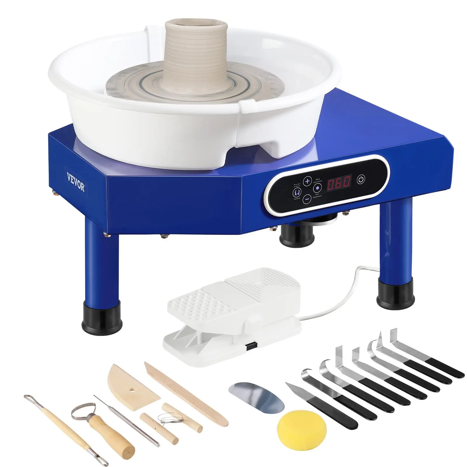 【Summerfinds】VEVOR Pottery Wheel, 10in Ceramic Wheel Forming Machine, Foot Pedal ABS Detachable Basin, 60-300RPM Adjustable Speed Manual LCD Panel, Sculpting Tool Apron Accessory Kit for Work Art Craft DIY