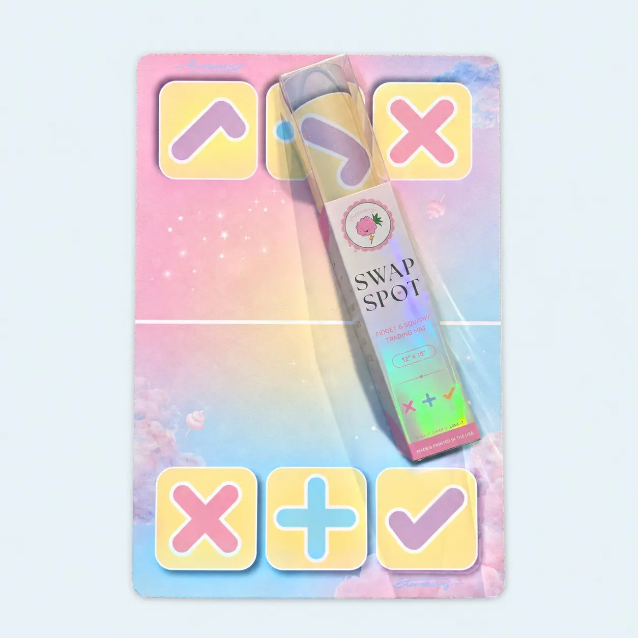 SWAP SPOT Cotton Candy Cloud Squishy Trading Mat - Kawaii Fidget Trading Pad for 8+ Years, 12x18in Dreamy Pastel Sky Small Batch Stress Relief Toy