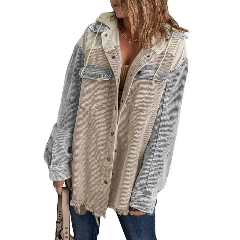 Autumn and Winter New Color Matching Button-up Hooded Corduroy Single-breasted Long-sleeved Jacket for Women Women's Long Sleeve Open Front Blazer Autumn and Winter New Color Matching Button-up Hooded Corduroy Single-breasted Long-sleeved Jacket for Women Women's Long Sleeve Open Front Blazer
