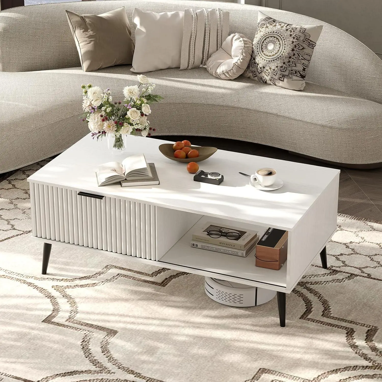 2-Tier Wooden Coffee Table with Sliding Door  Coffee Table with Storage  Solid Wood Legs  Large Rectangle Modern Cocktail Table for Living Room  Mid Century for Home and Office White
