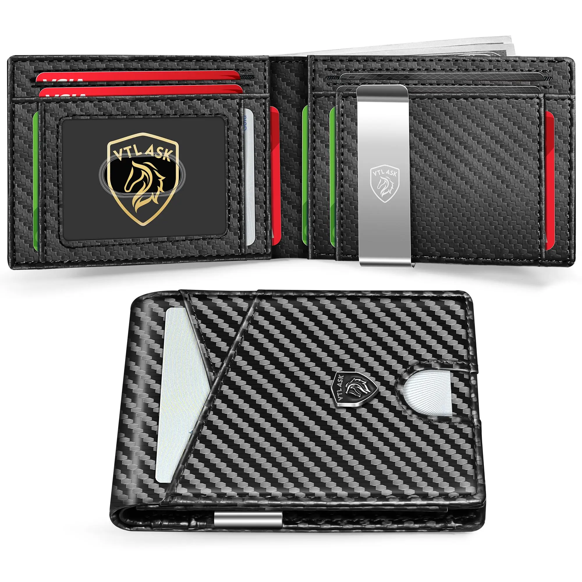 VTLASK 2026 Slim Wallet for Men with 11 cardSlots Rfid Blocking Carbon Fiberwallets Bifold Credit Card Holder Minimalist Leather With Gift Box ducttape wallets black trend recto verso