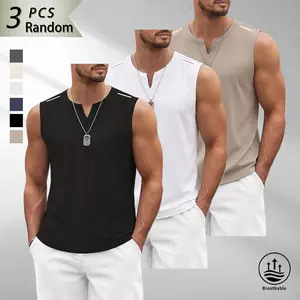 3-pack summer men’s V-neck sleeveless tank tops with contrasting striped accents at the shoulders, breathable and cool slim fit, versatile for sports, fitness, and casual outdoor wear, soft and skin-friendly fabric that provides a “naked feel” when worn.