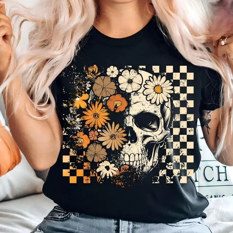 Women's Cotton Short-Sleeve Retro Floral Skeleton Shirt - Smooth, Everyday Essential, Funny Checkered, Preppy, Spooky Season, Casual Streetwear