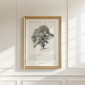 "Rooted In Love" Ephesians 3:17-19 Unframed Poster - Tree Illustration Christian Wall Art - Biblical Foundation Scripture Print - Nature-Themed Faith Decor