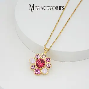 ink Crystal Flower Gold Necklace | Dainty Floral Pendant Jewelry | Elegant Pink Gem Flower Pendant | Gold Tone Statement Necklace |  Gold Chain Aesthetic Jewelry for Girls | Birthday/Valentine’s Gift Idea cross stack