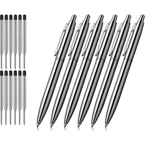 6 count Retractable Metal Ballpoint Pens, for , Business, Office, 1.0mm Medium Point Black Ink, 12 Extras Replaceable Metal Refills - Stainess Steel
