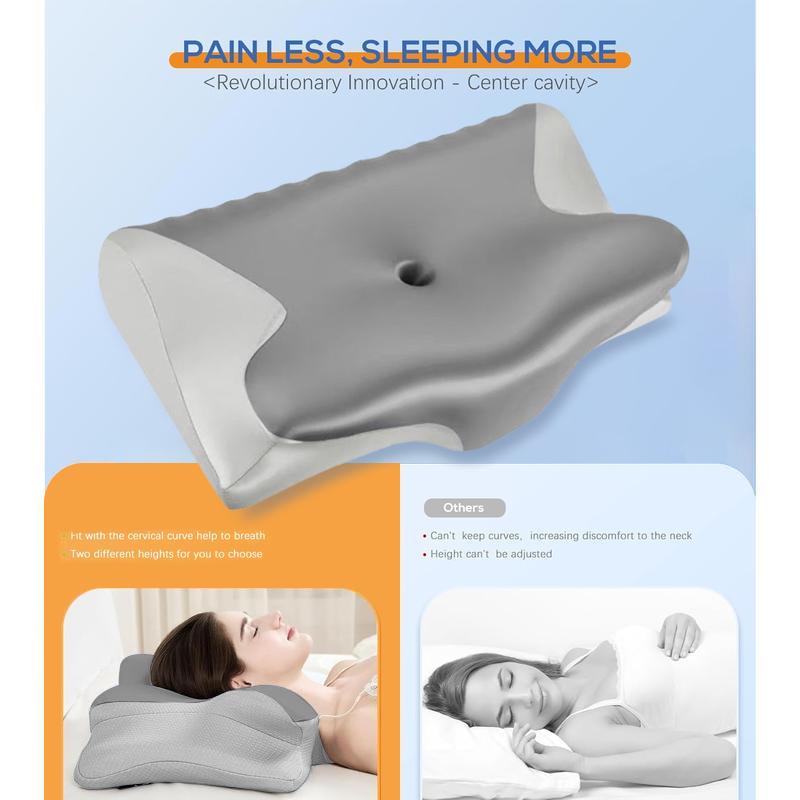 Cervical Neck Pillow Memory Foam True Cooling Ergonomic Support for Side Back Sleepers Adjustable Ice-Silk Leather Case Breathable Core Comfortable