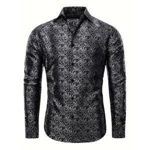 Luxury Black Paisley Pattern Shirt for Man Business Party Classic Single Breasted Long Sleeves Men's Blouse for Four Season Lapel Collar Shirt