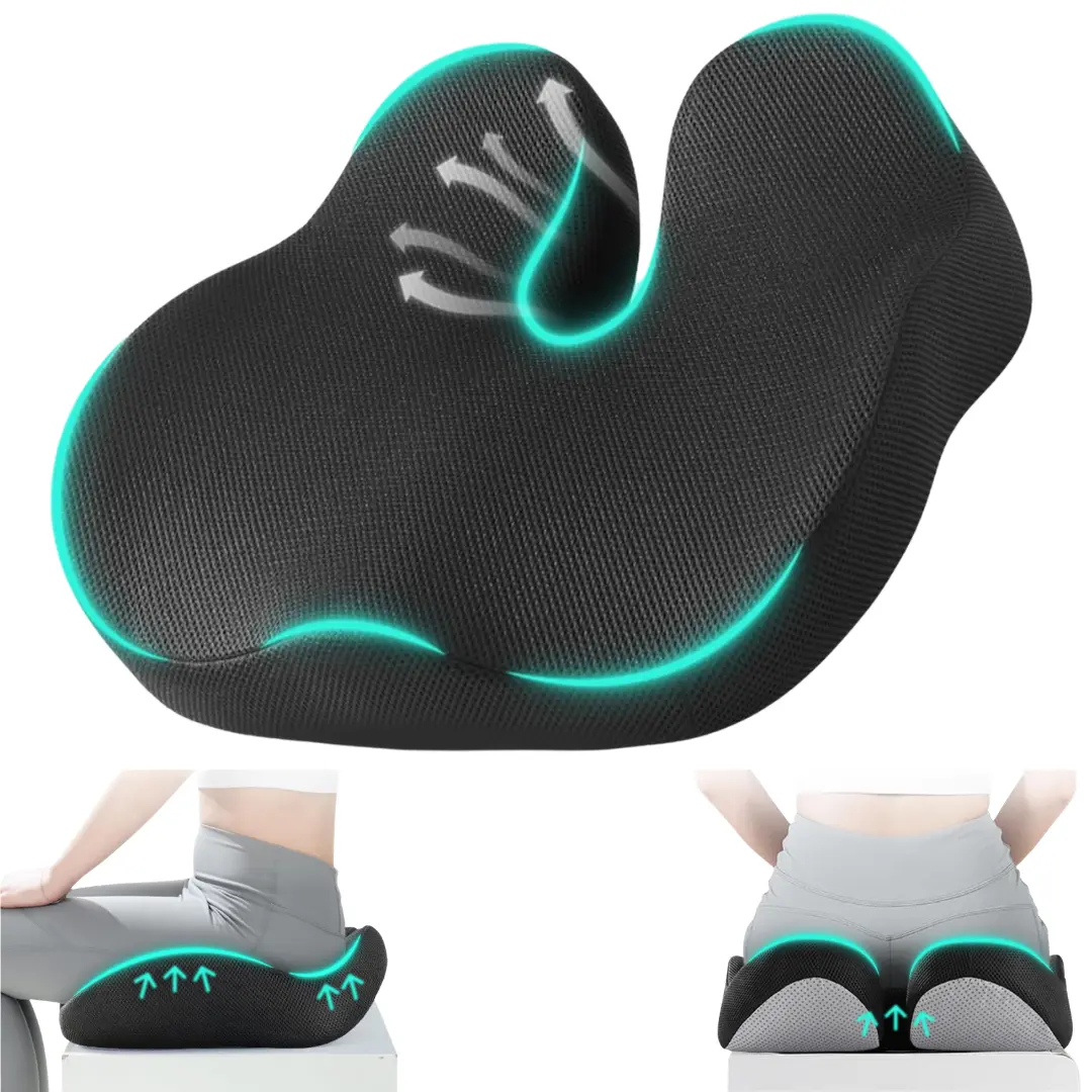 Ergonomic Memory Foam Seat Cushion - Pressure Relief, High-Density, Anti-Slip Base, Breathable - for Office, Home & Car Chairs, Hip & Lower Back Support During Long Sitting