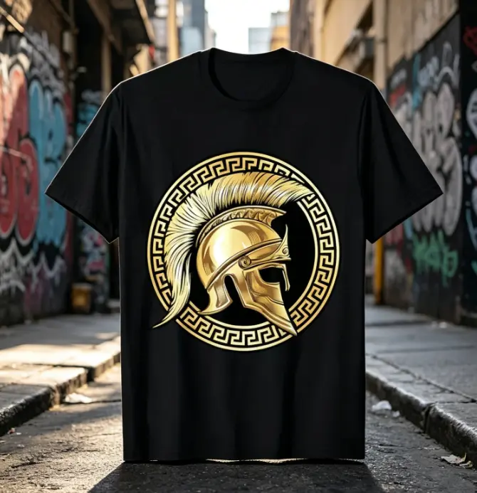 Men'S Spartan Helmet and Greek Gladiator Design T-Shirt | Retro Ancient Greece Warrior Print, Short Sleeve, Comfortable Round Neck, Casual Gym Wear, Perfect for History Buffs and Spartan Themed Events