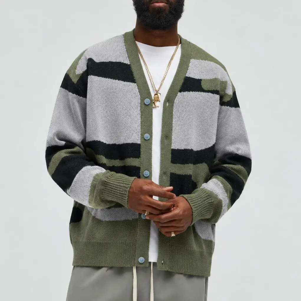 Unisex Camo Abstract Print Cardigan Sweater Y2K Casual V Neck Button Down Knitwear Relaxed Fit Oversized Fall Winter Tops Soft Breathable Easy Care Machine Washable Green S-XL Long Sleeve Man