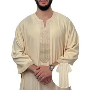 Men's Loose Fit Embroidered Moroccan Kaftan - Beige Traditional Robe with White Embroidery, Long Sleeve Maxi Dress for Eid al-Fitr and Muslim Festivals, Gift for Eld, Gift for Ramadan