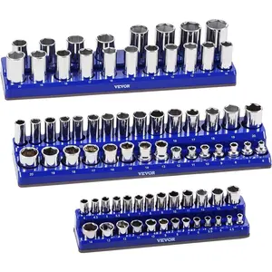 VEVOR Magnetic Socket Organizer Set, 3PCS Magnetic Socket Holder, 1/4'', 3/8'' & 1/2'' Metric Socket Trays with Clear Labels, Hold up to 75PCS Standard & Deep Sockets, Blue (Sockets Not Included)
