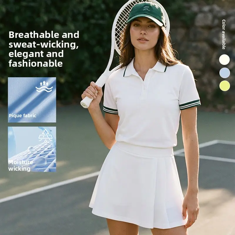 Women's 2-Piece Preppy Sportswear Set - Pique Knit Polo Top & Pleated Skirt with Built-in Shorts, Breathable Quick-Dry Stretch Fabric, Moisture-Wicking, Contrast Trim, for Tennis & Golf
