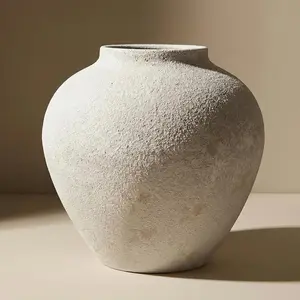 White Large Round Vase for Flowers, 11 Inch Metal Rustic Textured Earthy Stone Look| Matte Iron Big Vase for Modern Farmhouse Table Centerpiece & Living Room Decor