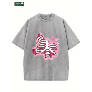 Holafish Unisex Aesthetic Pink Bone Washed Cotton T-Shirt Streetwear Casual Graphic Tee